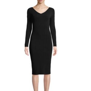 New VINCE Black Ribbed V-Neck Long-Sleeve Midi Dress Size Small